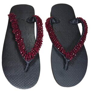 Beaded Flip Flops for Women Summer Style Sandals - (Dark Red)